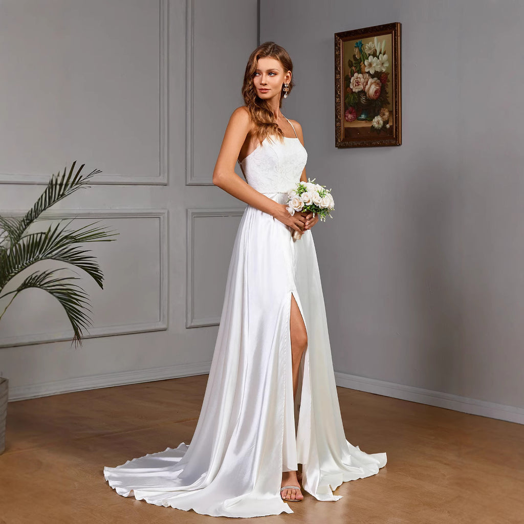 Sleeveless strapless white satin wedding evening dress