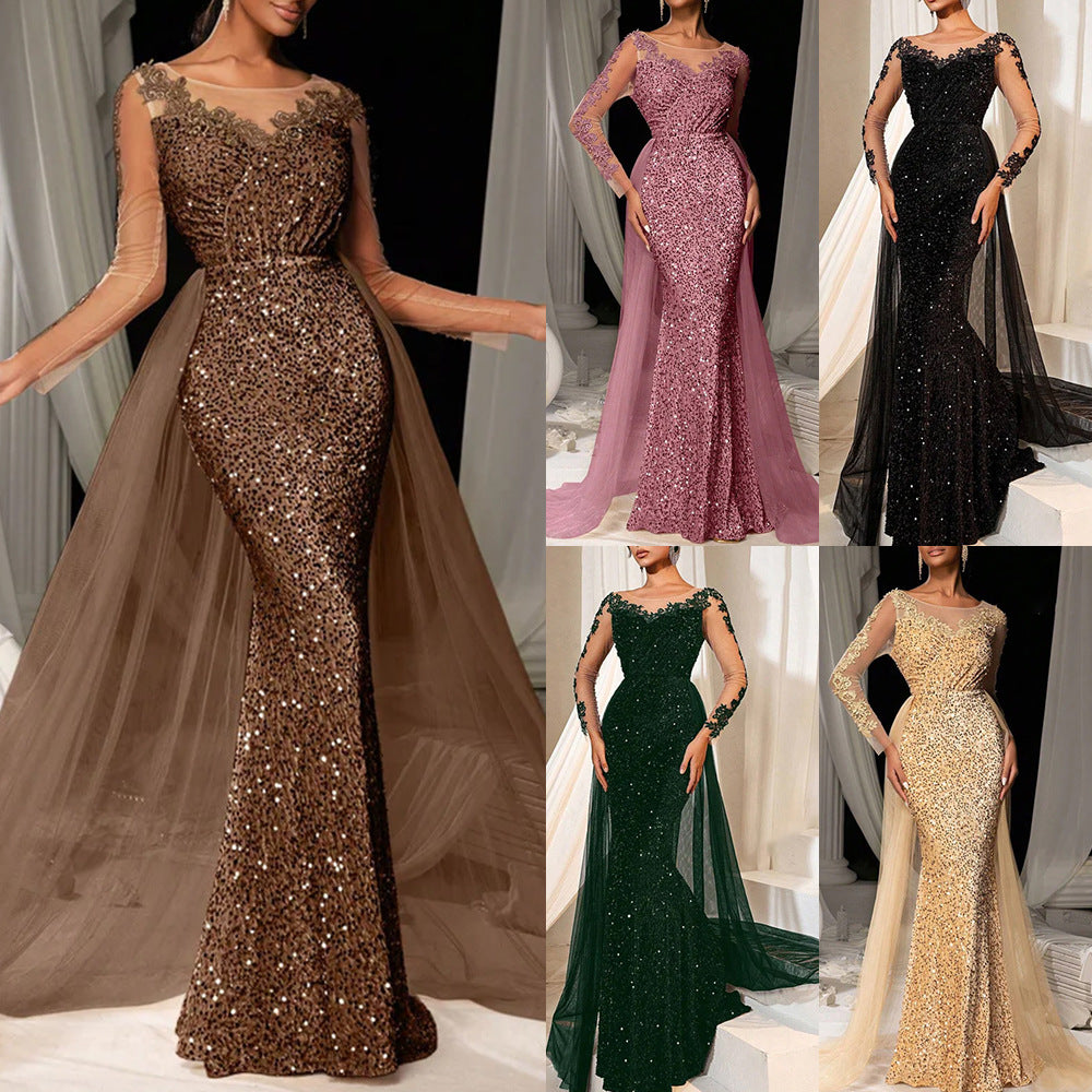 Elegant Long Lace Evening Dress for Women - Fashionable and Chic Party Gown with Sophisticated Style