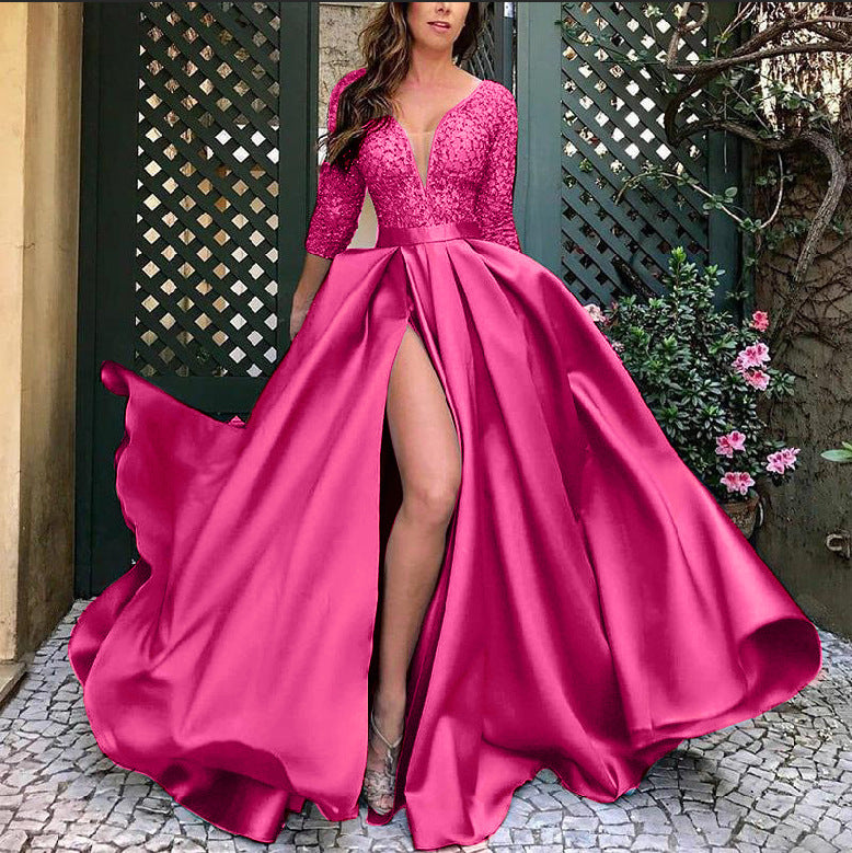 Elegant Lace Beaded Maxi Dress with Train, Sexy Flowy Evening Gown for Formal Party