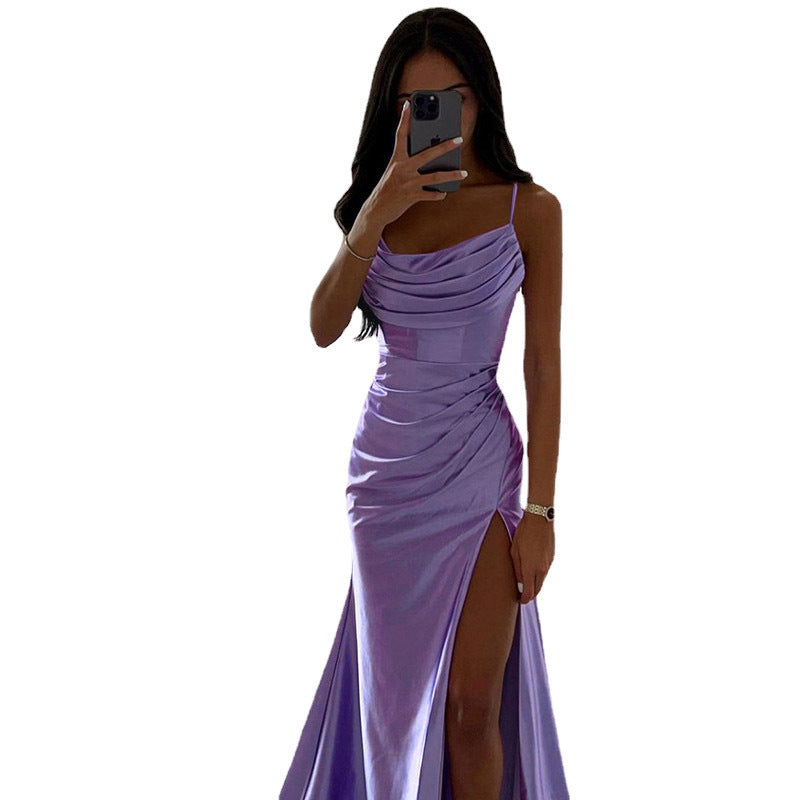 Elegant Strapless Pleated Slit Satin DressElegant Strapless Pleated Slit Satin Dress, Sexy Fitted Bodycon Gown with Open Back