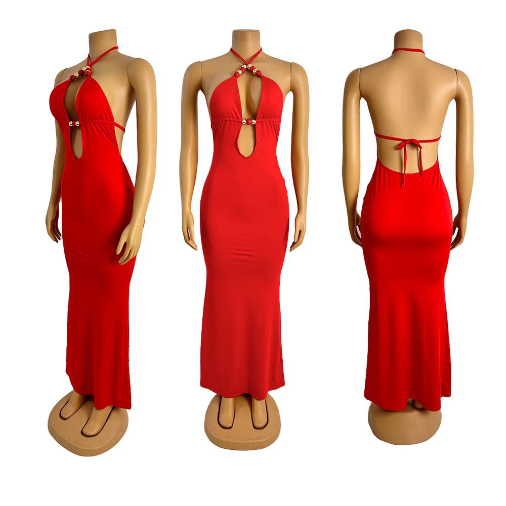 Sexy Deep V-Neck Beaded Fitted Evening Dress Backless Tied Long Dress