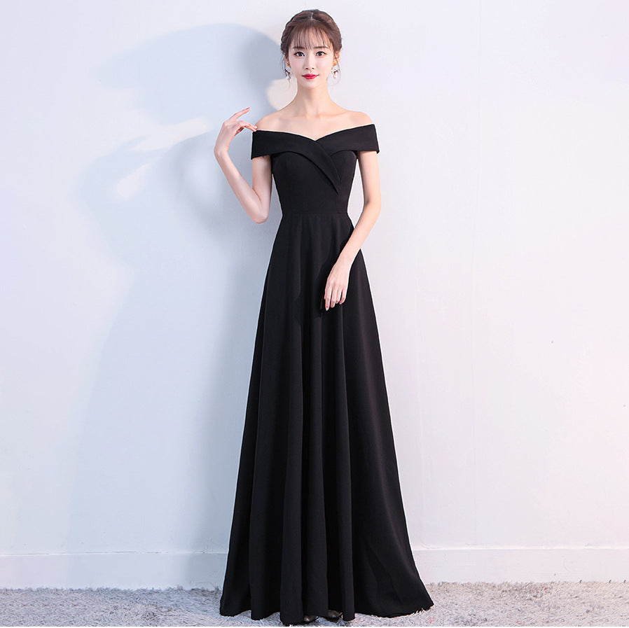 Evening Dress Women's New Banquet Black Party Dress Sexy One-Shoulder Long Dress