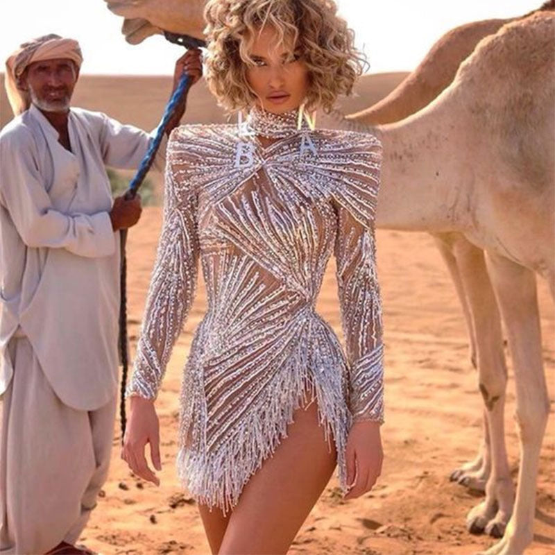 Sexy Long Sleeve Dress with SilverGold Fringe Split Design Evening Gown Fashionable Women's Dress