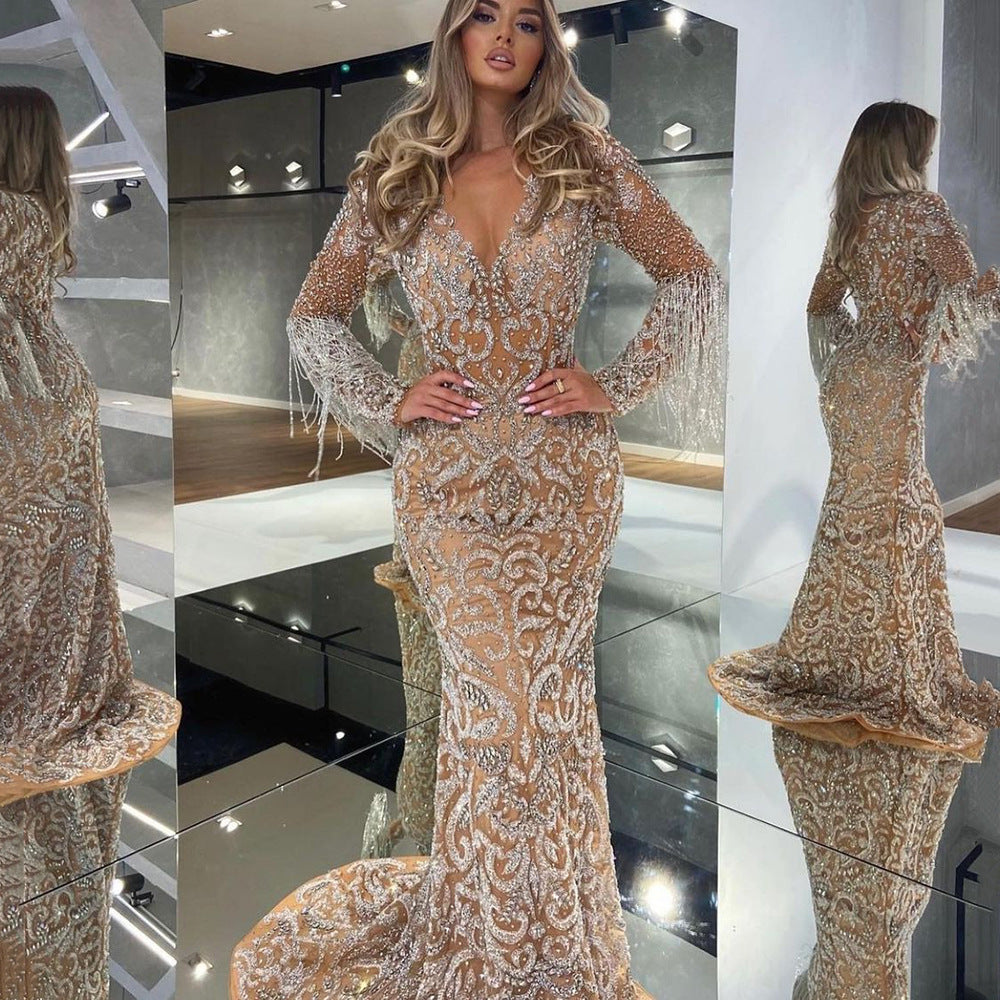 Elegant Sexy Female Evening Dress with Fish Tail, Gold Sequin Fringe, Long Gown