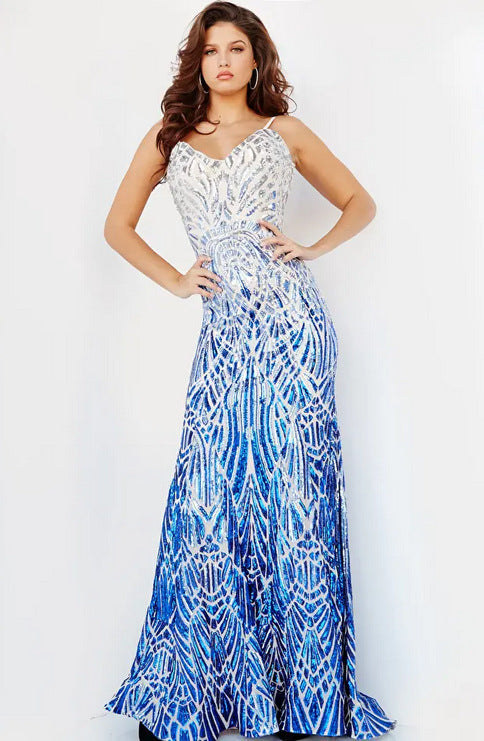 Women's Party Backless Sequined Gradient Color Sexy Evening Dress Long Length