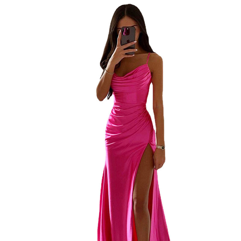 Elegant Strapless Pleated Slit Satin DressElegant Strapless Pleated Slit Satin Dress, Sexy Fitted Bodycon Gown with Open Back