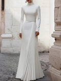 Elegant High Neck Long Sleeve Fitted Wedding Dress with Pleated Design Ruffles and Chic Style Dress