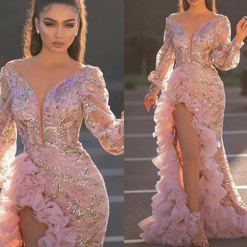 Elegant Pink Mesh Trail Sequin Slit Evening Dress for WomenSexy Backless Design Long SleeveFormal Occasion