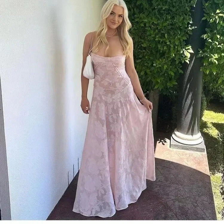 Style Summer Pink Lace Sheer Halter One-Shoulder Elegant Evening Dress Flower Dress