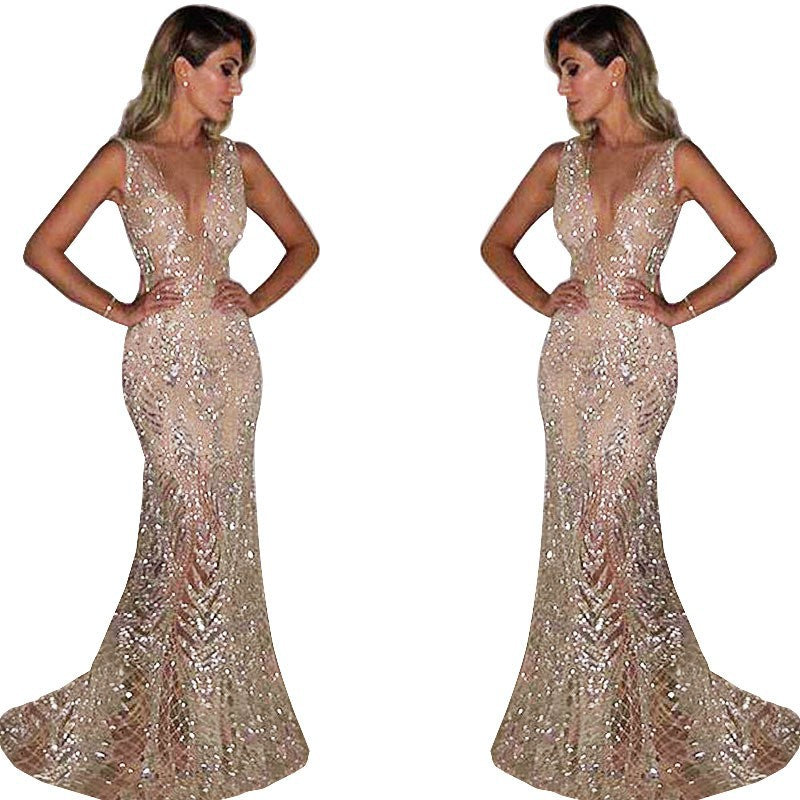 Elegant Long Sleeveless Deep V Sequin Evening Dress for Women, Sexy Formal Party Gown
