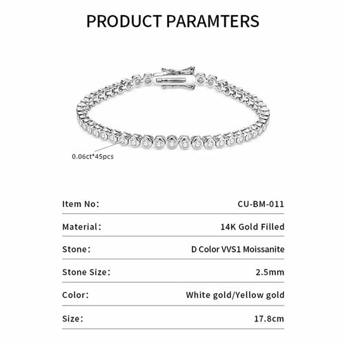 14K Gold Filled 2.5mm Moissanite Tennis Bracelet – Round Bezel Chain Bracelet for Women